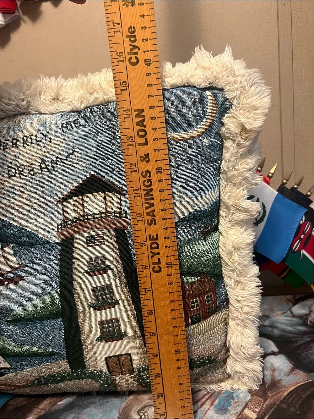 Nautical Lighthouse Tapestry Pillow in Blue and Cream